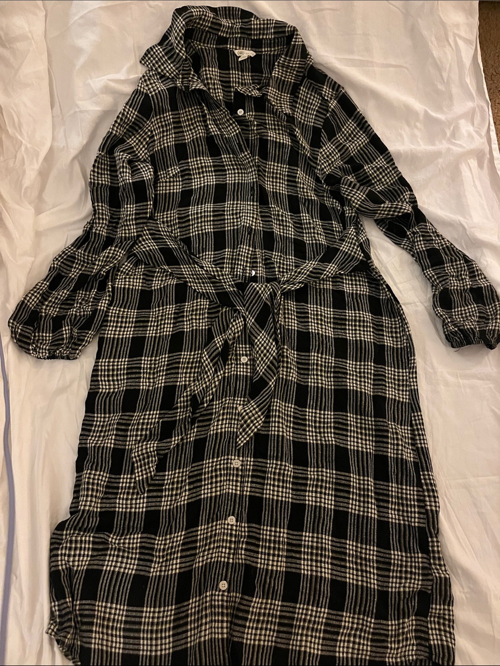 Cato Black and White Plaid Long Sleeve Shirt Dress with Waist Tie